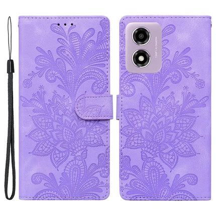 PU Leather Case For Motorola Moto E14 4G  /  G24 4G  /  G04 4G Imprinted Lace Flowers Wallet Phone Cover - Purple