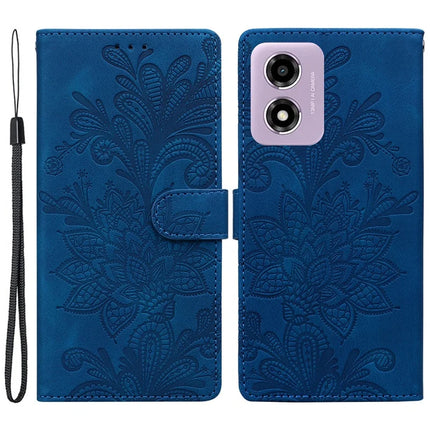 PU Leather Case For Motorola Moto E14 4G  /  G24 4G  /  G04 4G Imprinted Lace Flowers Wallet Phone Cover - Dark Blue