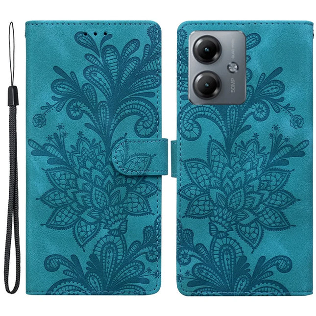 For Motorola Moto G14 4G Case Imprinted Lace Flowers PU Leather Wallet Phone Cover - Green