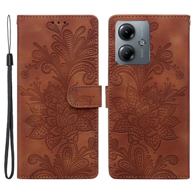 For Motorola Moto G14 4G Case Imprinted Lace Flowers PU Leather Wallet Phone Cover - Brown