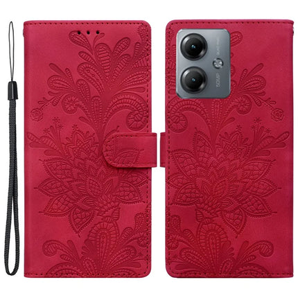 For Motorola Moto G14 4G Case Imprinted Lace Flowers PU Leather Wallet Phone Cover - Red