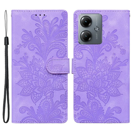 For Motorola Moto G14 4G Case Imprinted Lace Flowers PU Leather Wallet Phone Cover - Purple
