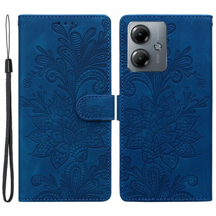 For Motorola Moto G14 4G Case Imprinted Lace Flowers PU Leather Wallet Phone Cover - Dark Blue