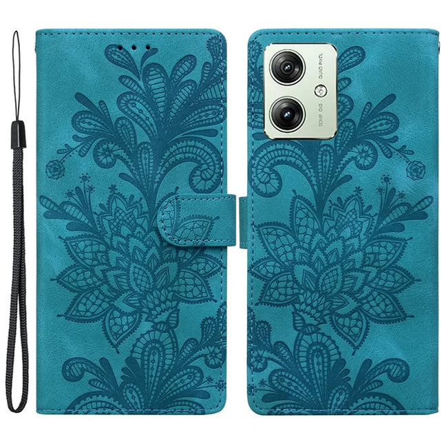 For Motorola Moto G64 5G  /  G54 5G Case Imprinted Lace Flowers PU Leather Wallet Phone Cover - Green