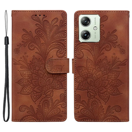 For Motorola Moto G64 5G  /  G54 5G Case Imprinted Lace Flowers PU Leather Wallet Phone Cover - Brown