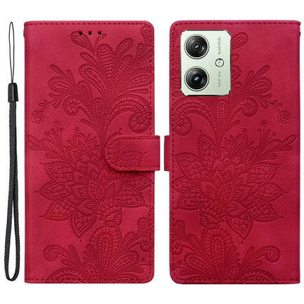 For Motorola Moto G64 5G  /  G54 5G Case Imprinted Lace Flowers PU Leather Wallet Phone Cover - Red