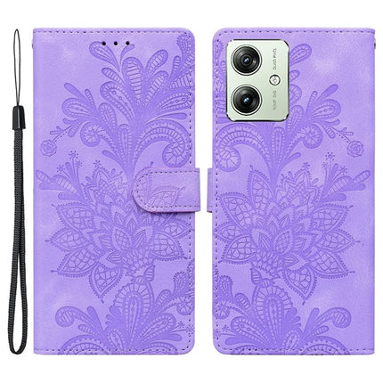 For Motorola Moto G64 5G  /  G54 5G Case Imprinted Lace Flowers PU Leather Wallet Phone Cover - Purple