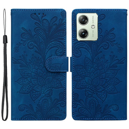 For Motorola Moto G64 5G  /  G54 5G Case Imprinted Lace Flowers PU Leather Wallet Phone Cover - Dark Blue