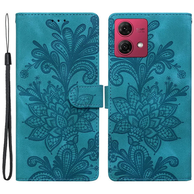 For Motorola Moto G84 5G Case Imprinted Lace Flowers PU Leather Wallet Phone Cover - Green