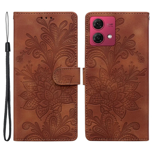 For Motorola Moto G84 5G Case Imprinted Lace Flowers PU Leather Wallet Phone Cover - Brown