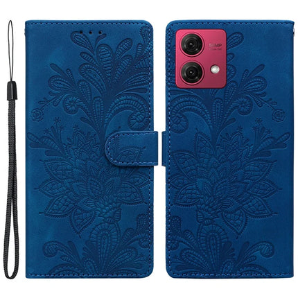 For Motorola Moto G84 5G Case Imprinted Lace Flowers PU Leather Wallet Phone Cover - Dark Blue