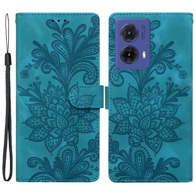 For Motorola Moto G85 5G Case Imprinted Lace Flowers PU Leather Wallet Phone Cover - Green