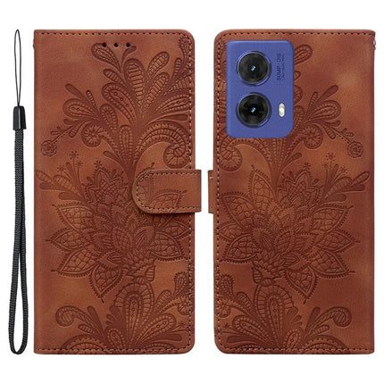 For Motorola Moto G85 5G Case Imprinted Lace Flowers PU Leather Wallet Phone Cover - Brown