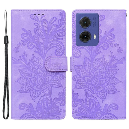 For Motorola Moto G85 5G Case Imprinted Lace Flowers PU Leather Wallet Phone Cover - Purple