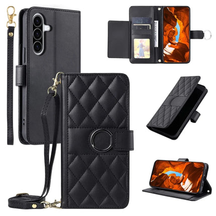 For Samsung Galaxy A36 5G Crossbody Leather Case Ring Buckle Wallet Stand Rhombus Mobile Cover - Black