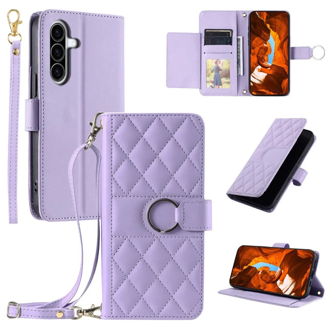 For Samsung Galaxy A36 5G Crossbody Leather Case Ring Buckle Wallet Stand Rhombus Mobile Cover - Purple