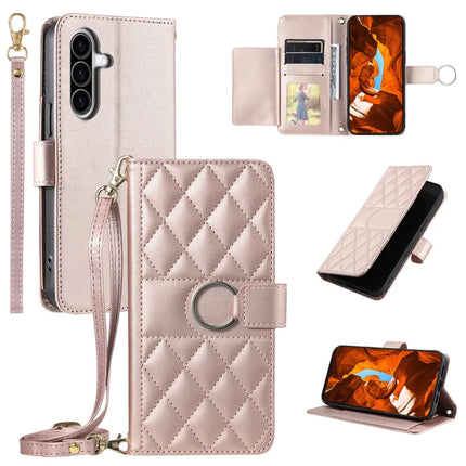 For Samsung Galaxy A36 5G Crossbody Leather Case Ring Buckle Wallet Stand Rhombus Mobile Cover - Rose Gold