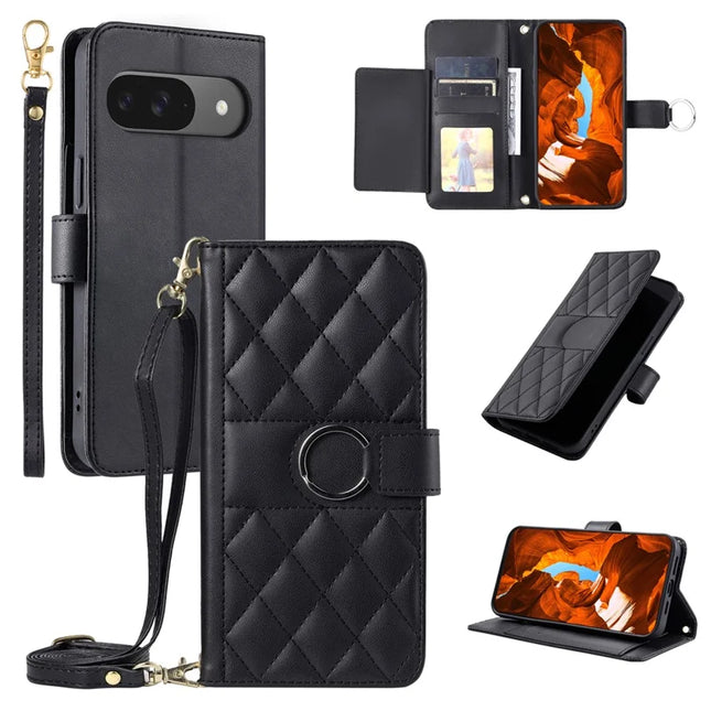 For Google Pixel 9 / 9 Pro Crossbody Leather Case Ring Buckle Wallet Stand Rhombus Mobile Cover - Black