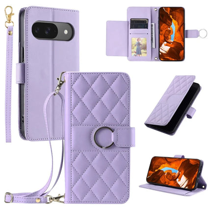 For Google Pixel 9 / 9 Pro Crossbody Leather Case Ring Buckle Wallet Stand Rhombus Mobile Cover - Purple