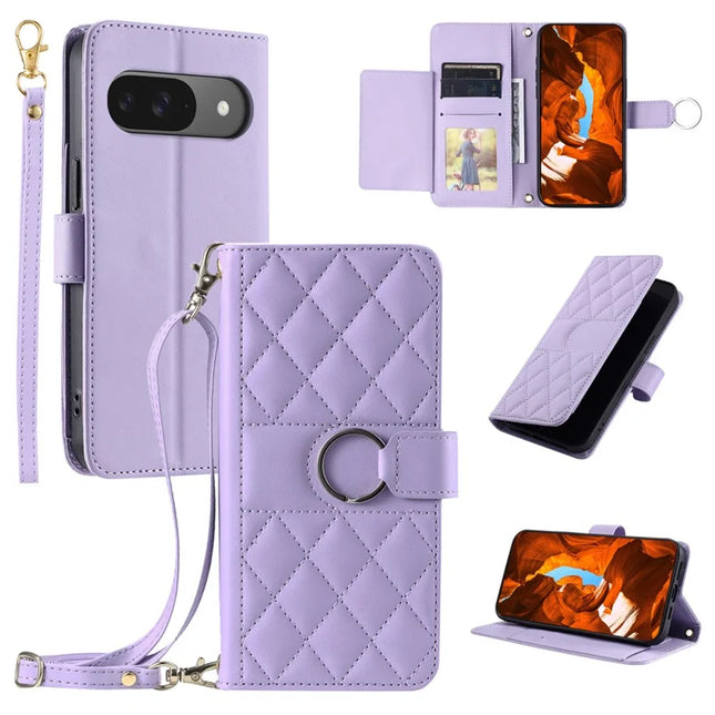 For Google Pixel 9 / 9 Pro Crossbody Leather Case Ring Buckle Wallet Stand Rhombus Mobile Cover - Purple