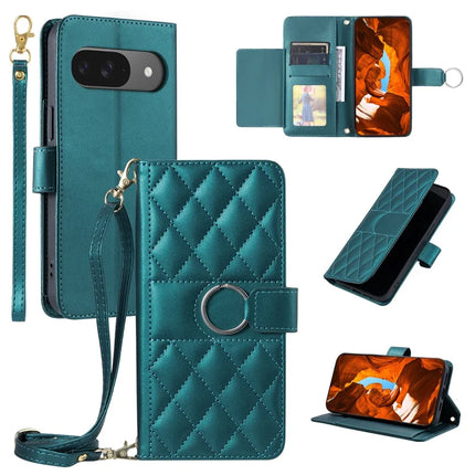 For Google Pixel 9 / 9 Pro Crossbody Leather Case Ring Buckle Wallet Stand Rhombus Mobile Cover - Green