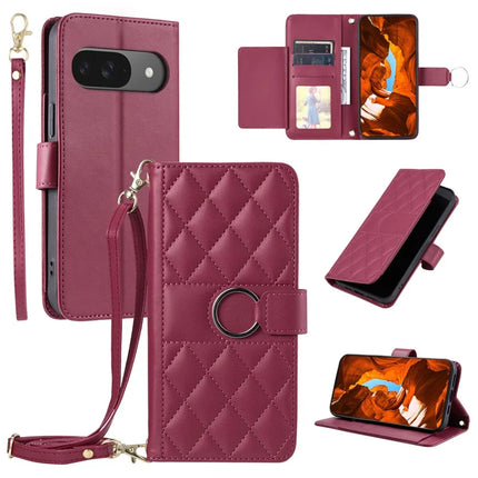For Google Pixel 9 / 9 Pro Crossbody Leather Case Ring Buckle Wallet Stand Rhombus Mobile Cover - Red