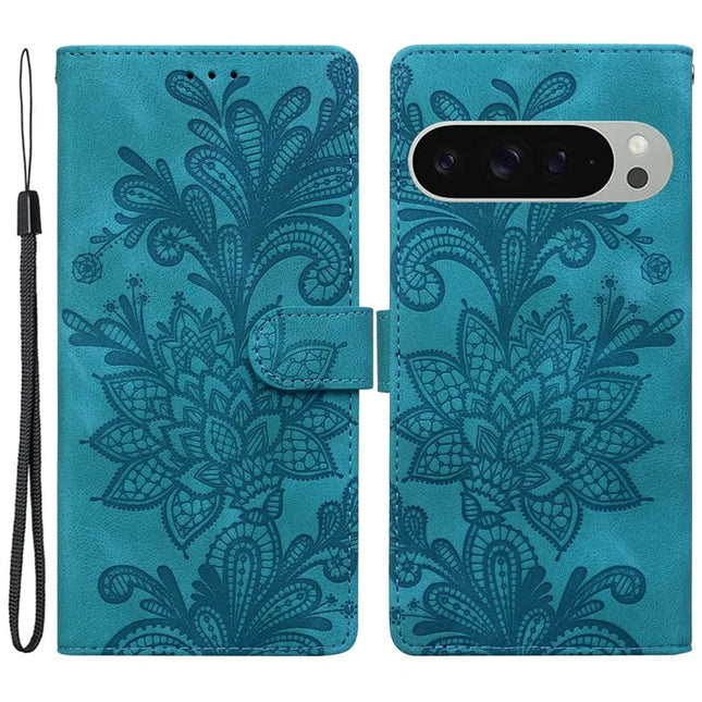 For Google Pixel 9 Pro  /  Pixel 9 Case Imprinted Lace Flowers PU Leather Wallet Phone Cover - Green
