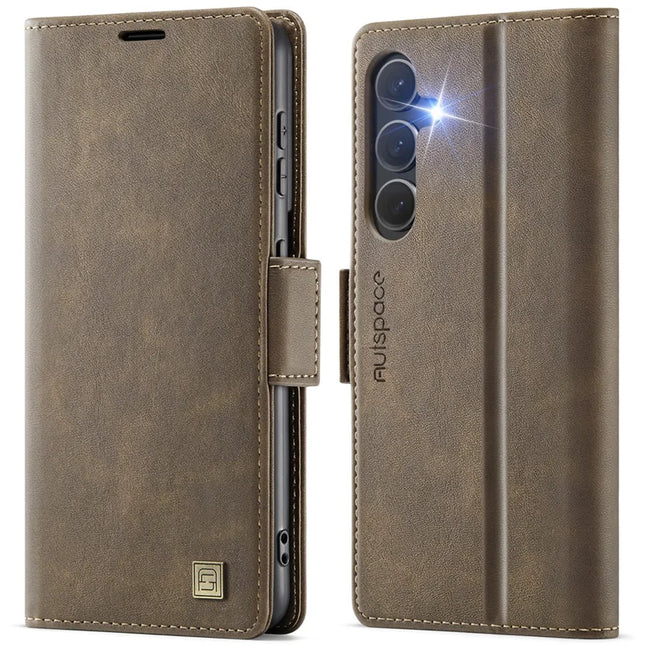 For Samsung Galaxy S23 FE Case AUTSPACE A11 RFID Blocking Retro Leather Cell Phone Wallet Cover - Brown