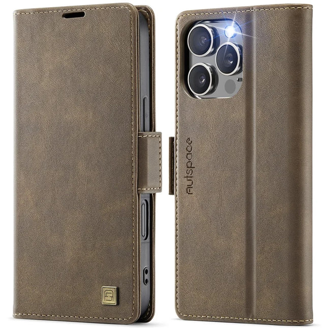 For iPhone 16 Pro Max Case AUTSPACE A11 RFID Blocking Retro Leather Cell Phone Wallet Cover - Brown