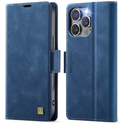 For iPhone 16 Pro Max Case AUTSPACE A11 RFID Blocking Retro Leather Cell Phone Wallet Cover - Blue