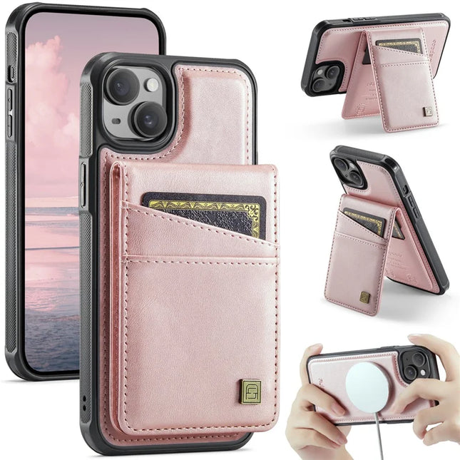 For iPhone 14 Case AUTSPACE A12 Leather Phone Case with Detachable Card Bag - Rose Gold