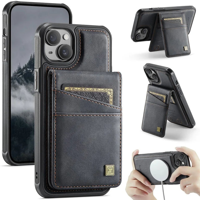 For iPhone 13 6.1 inch Case AUTSPACE A12 Leather Phone Case with Detachable Card Bag - Black