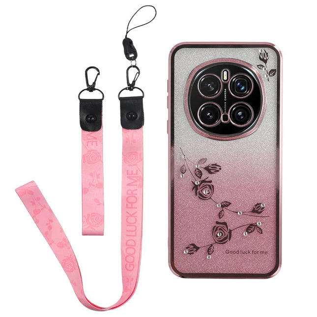 KADEM For Honor Magic7 Pro 5G Case Flower Pattern TPU Gradient Phone Cover with Lanyards - Rose Gold