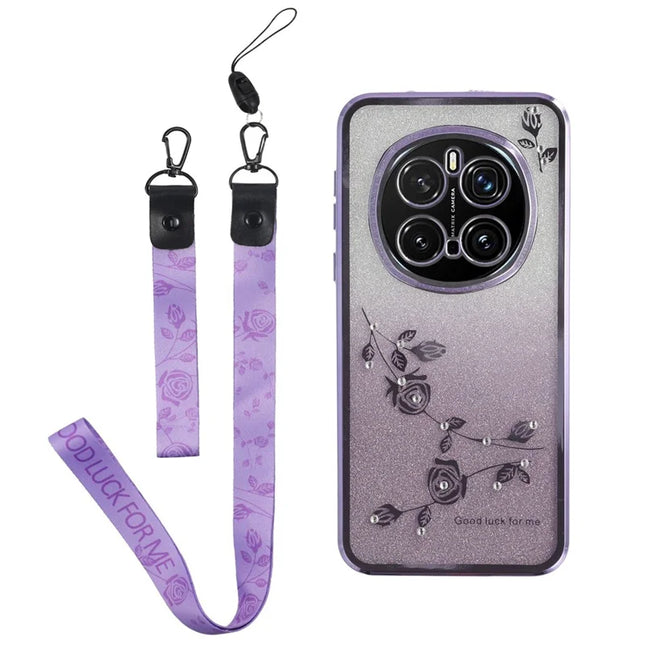 KADEM For Honor Magic7 Pro 5G Case Flower Pattern TPU Gradient Phone Cover with Lanyards - Purple