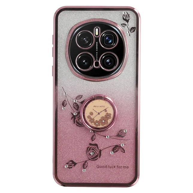 KADEM For Honor Magic7 Pro 5G Case Ring Kickstand TPU Flowers Phone Cover Gradient Glitter - Rose Gold
