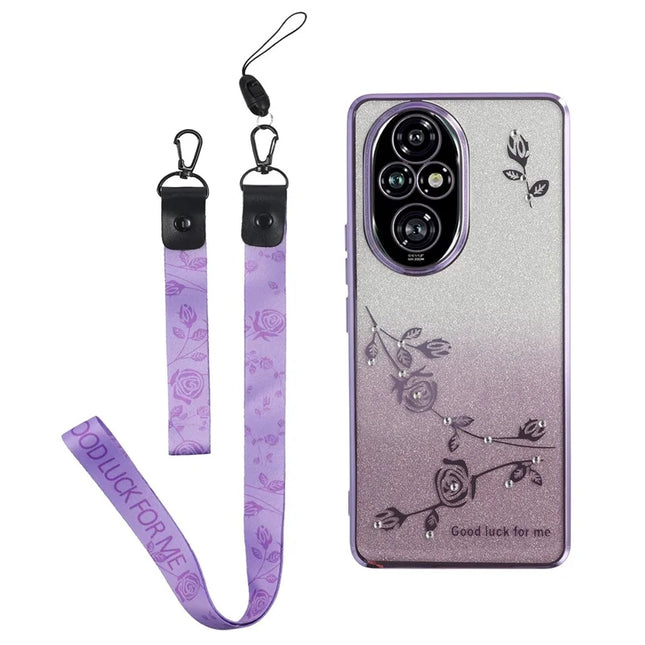 KADEM For Honor 200 Pro 5G Case Flower Pattern TPU Gradient Phone Cover with Lanyards - Purple