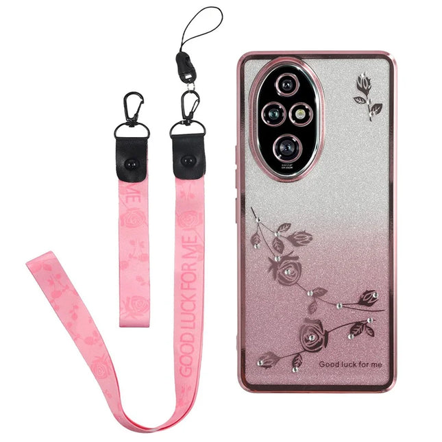 KADEM For Honor 200 Pro 5G Case Flower Pattern TPU Gradient Phone Cover with Lanyards - Rose Gold