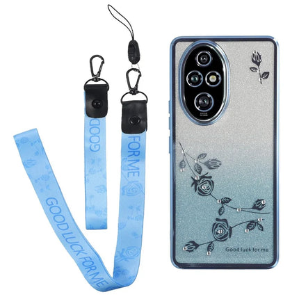 KADEM For Honor 200 Pro 5G Case Flower Pattern TPU Gradient Phone Cover with Lanyards - Blue