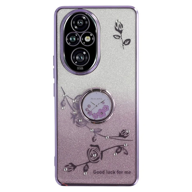 KADEM For Honor 200 Pro 5G Case Ring Kickstand TPU Flowers Phone Cover Gradient Glitter - Purple
