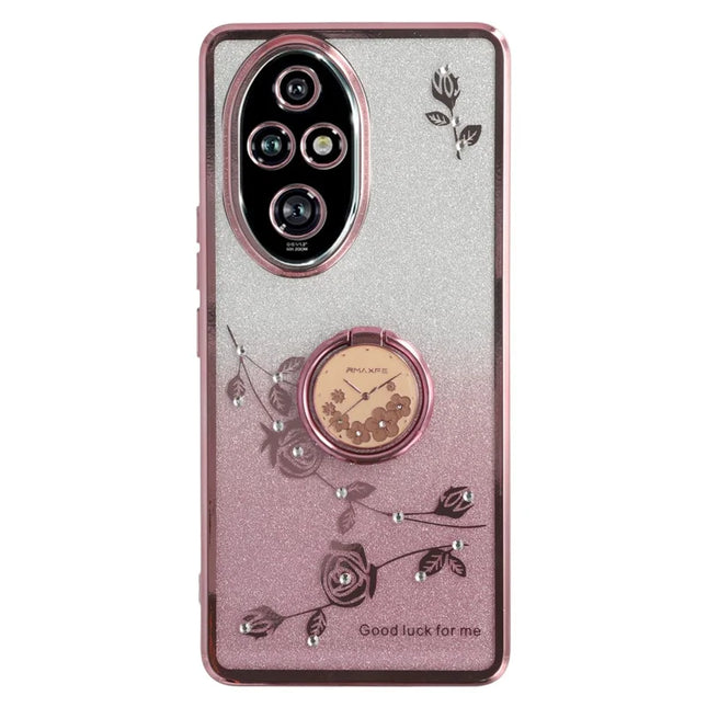 KADEM For Honor 200 Pro 5G Case Ring Kickstand TPU Flowers Phone Cover Gradient Glitter - Rose Gold