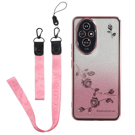 KADEM For Honor 200 5G Case Flower Pattern TPU Gradient Phone Cover with Lanyards - Rose Gold