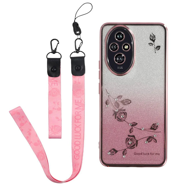 KADEM For Honor 200 5G Case Flower Pattern TPU Gradient Phone Cover with Lanyards - Rose Gold