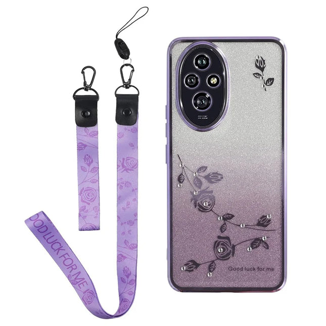 KADEM For Honor 200 5G Case Flower Pattern TPU Gradient Phone Cover with Lanyards - Purple