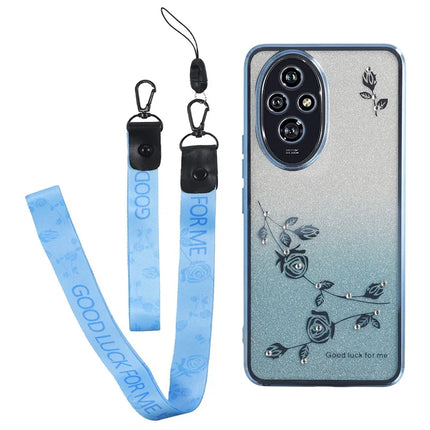 KADEM For Honor 200 5G Case Flower Pattern TPU Gradient Phone Cover with Lanyards - Blue
