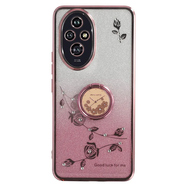 KADEM For Honor 200 5G Case Ring Kickstand TPU Flowers Phone Cover Gradient Glitter - Rose Gold