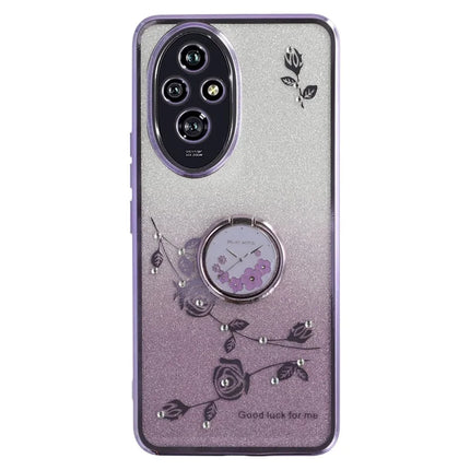 KADEM For Honor 200 5G Case Ring Kickstand TPU Flowers Phone Cover Gradient Glitter - Purple