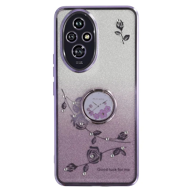 KADEM For Honor 200 5G Case Ring Kickstand TPU Flowers Phone Cover Gradient Glitter - Purple