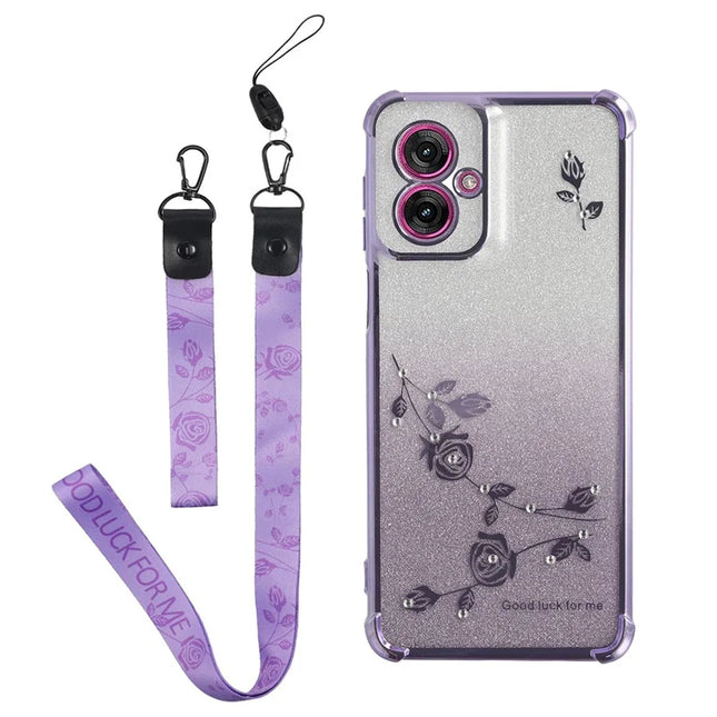 KADEM For Motorola Moto G55 5G Case Flower Pattern TPU Gradient Phone Cover with Lanyards - Purple
