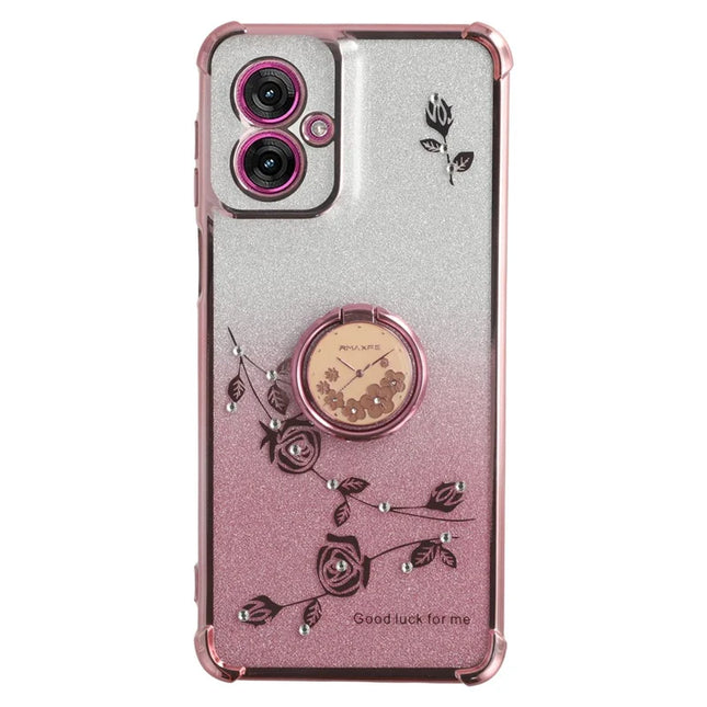 KADEM For Motorola Moto G55 5G Case Ring Kickstand TPU Flowers Phone Cover Gradient Glitter - Rose Gold