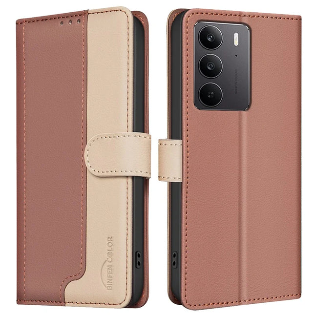 BINFEN COLOR BF33 for Realme C75 Leather Case Splicing Color RFID Blocking - Brown